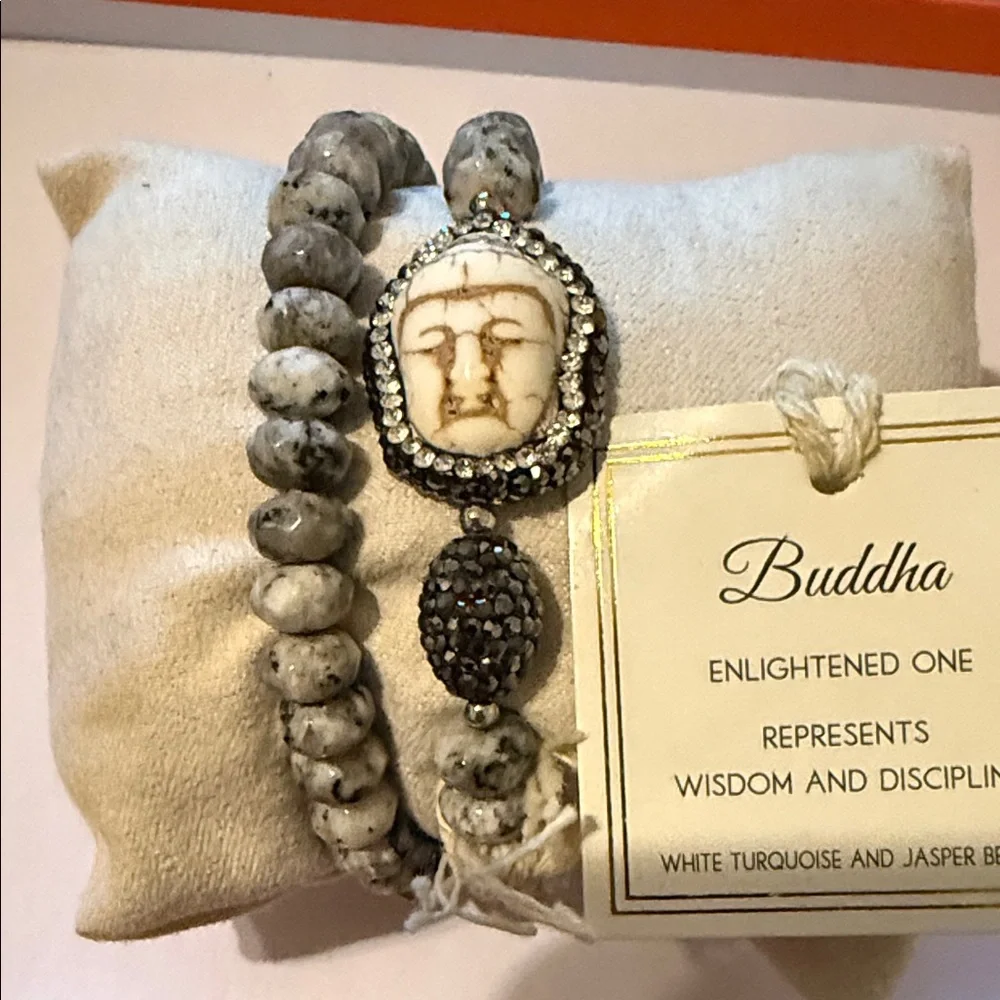 Buddha White Turquoise and Jasper beaded stretch bracelet set of 2